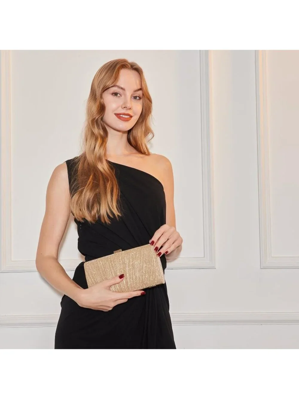 Women's Gold Pleated Evening Handbag with Chain Prom Classic Clutch Purses